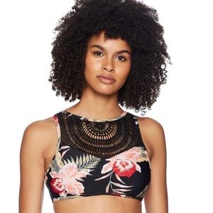 Roxy Black Bikini Top with Pink and Coral Floral Trim